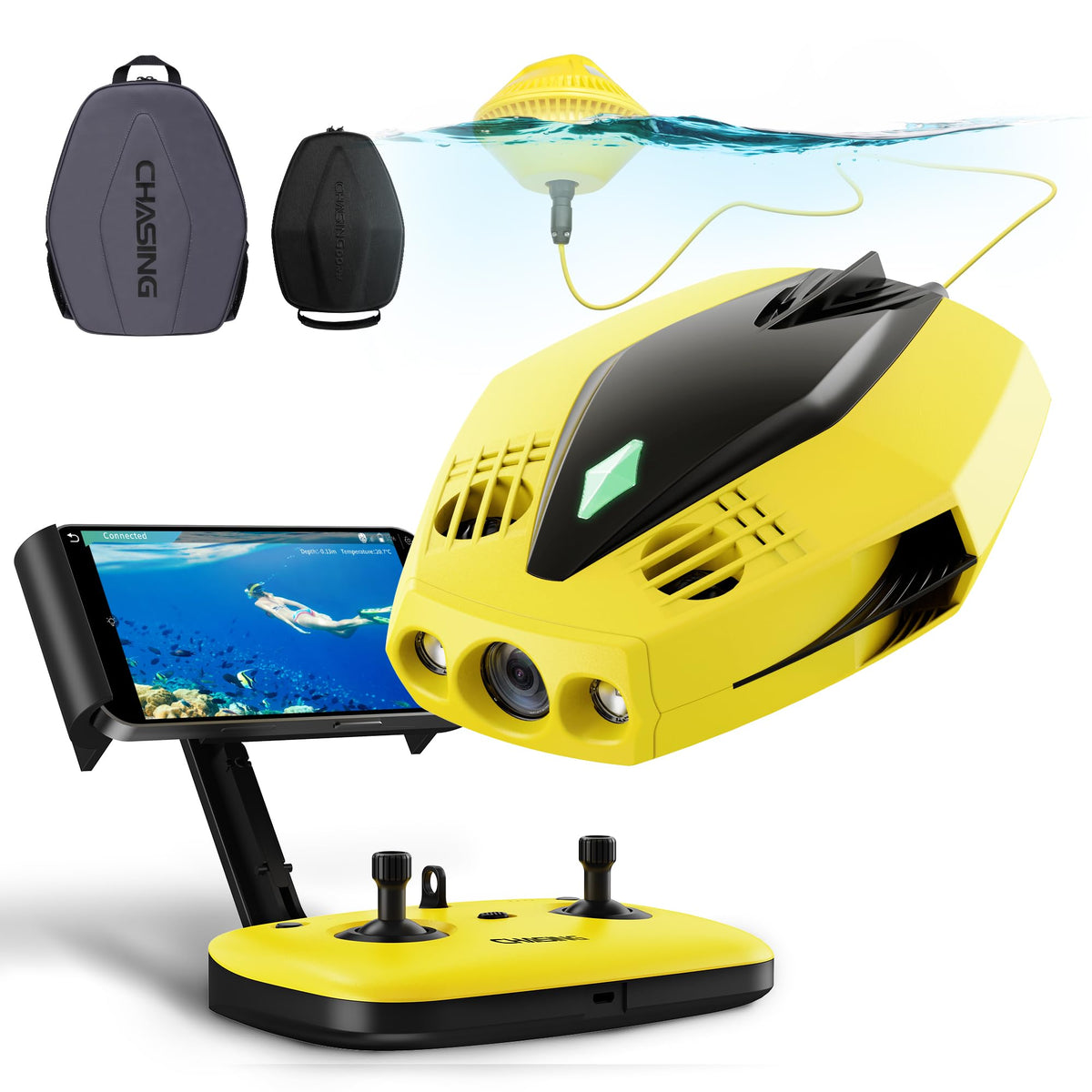 Chasing Dory front view showcases the compact drone for underwater exploration.
