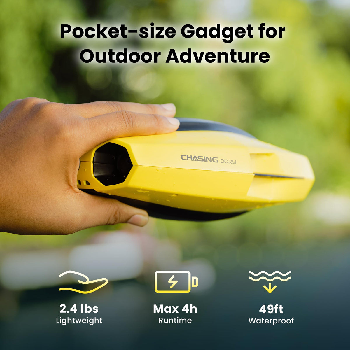 Chasing Dory side view highlights palm-sized portability for travel adventures.