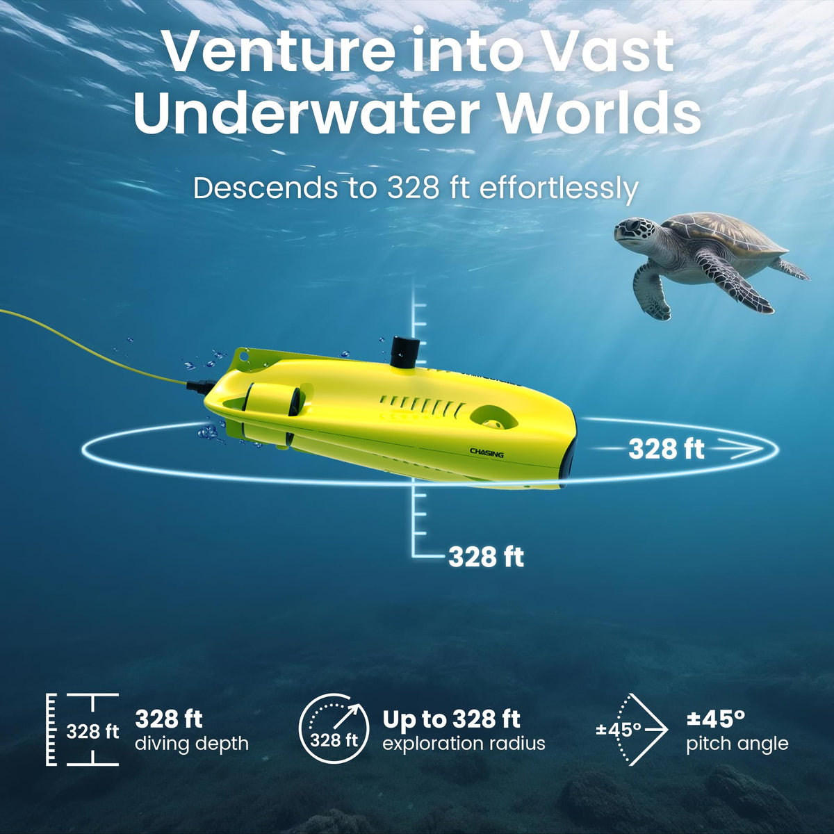 Chasing Gladius Mini S LED lights illuminate dark underwater scenes.
