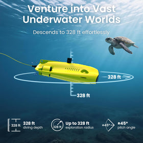 Chasing Gladius Mini S LED lights illuminate dark underwater scenes.