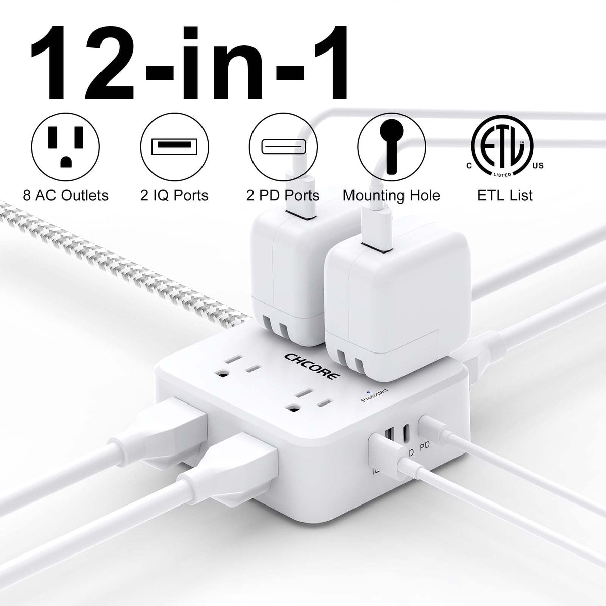 CHCORE 12-in-1 surge protector with 8 outlets for clutter-free power at home.