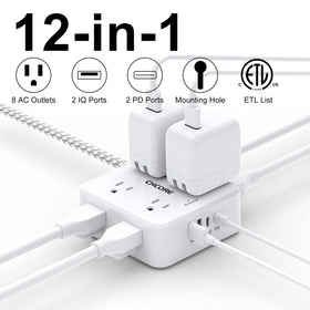 CHCORE 12-in-1 surge protector with 8 outlets for clutter-free power at home.