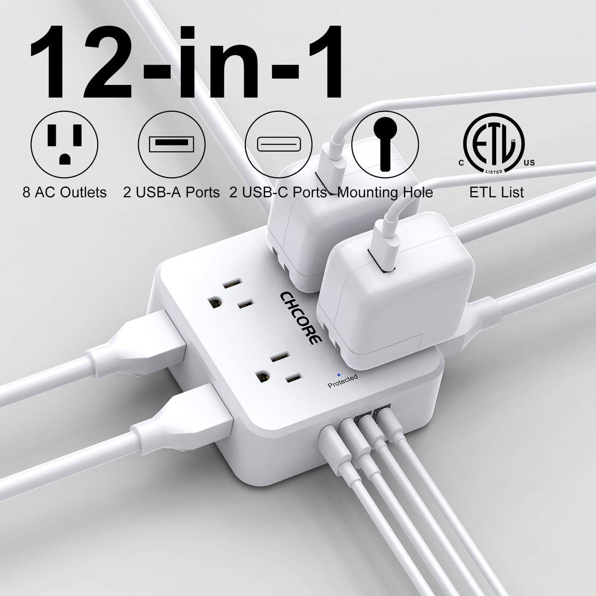 CHCORE 3-side outlet design saves space for home or dorm setups