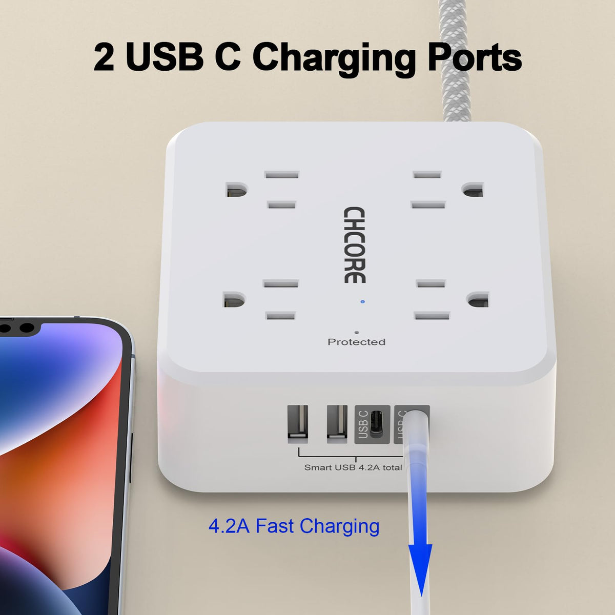 CHCORE power strip showing 8 outlets and 4 USB ports for multi-device charging.