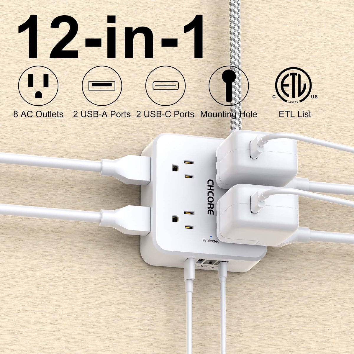 CHCORE 5ft braided extension cord with flat plug for flexible setup