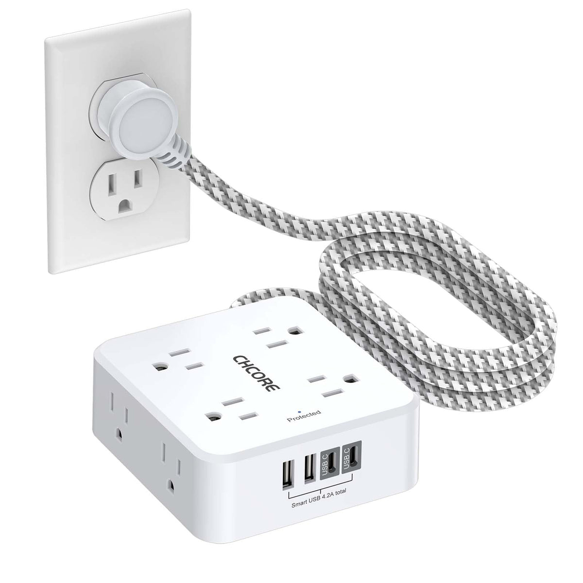 CHCORE surge protector with 8 outlets and 4 USB ports for organized charging