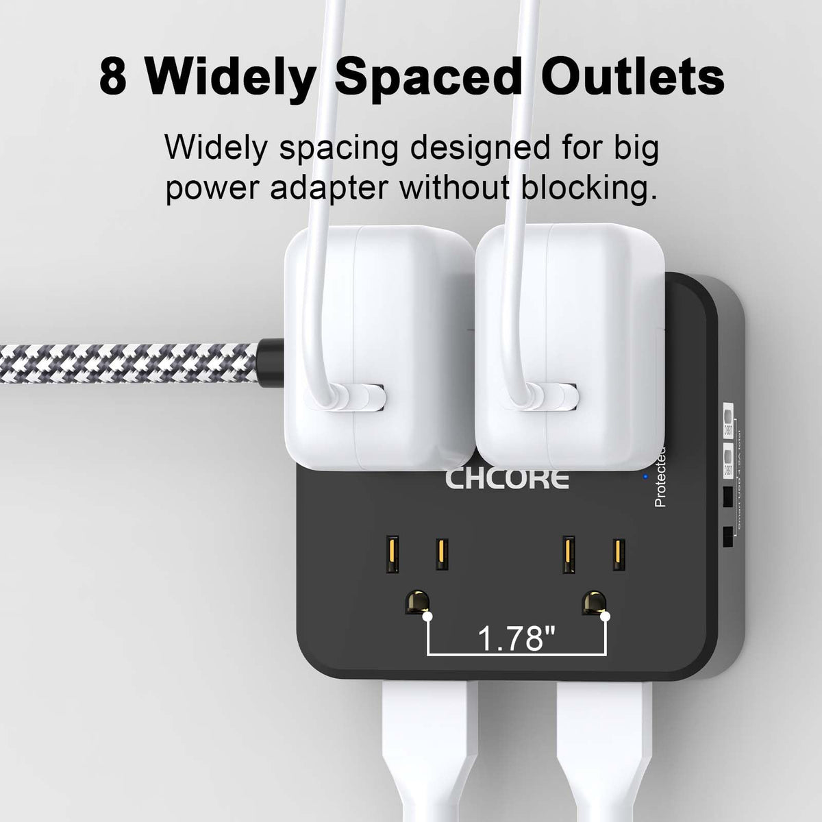 CHCORE flat plug saves space behind furniture and desks.