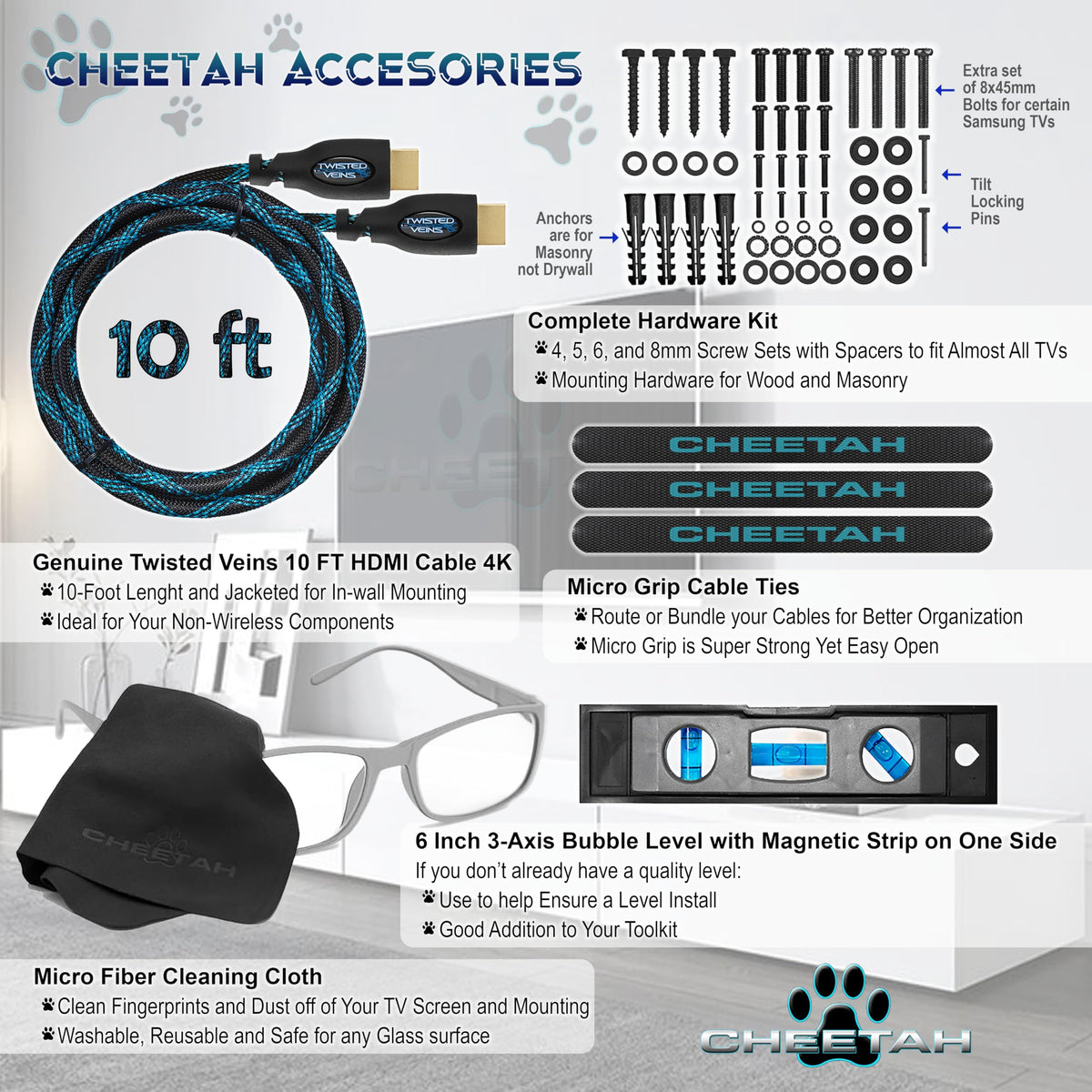 Cheetah hardware kit with magnetic level and anchors for easier install