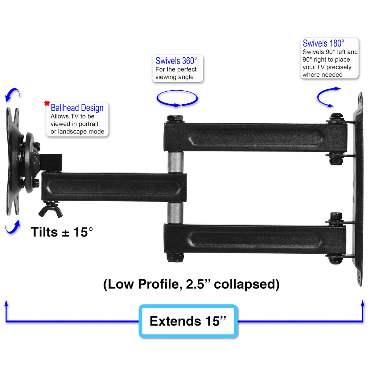Cheetah wall mount supports VESA up to 200x200 mm for compact setups.