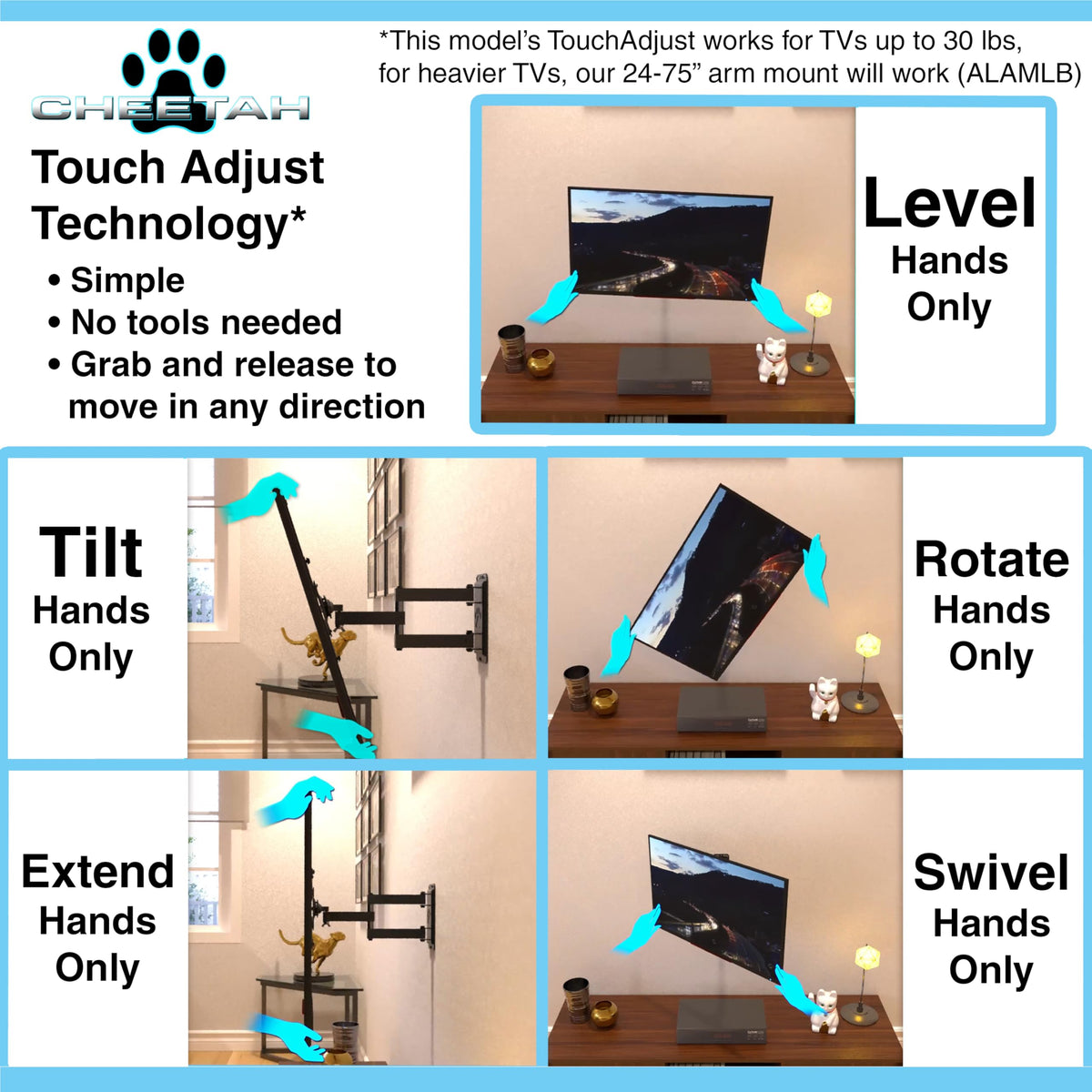 Cheetah full-motion wall mount with smooth swivel and tilt.