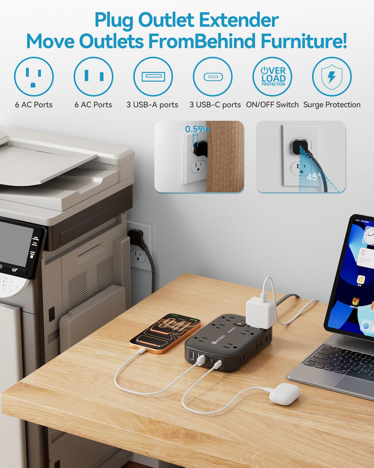 Chemilen flat plug and 15 ft cord routed behind furniture for tidy cable management