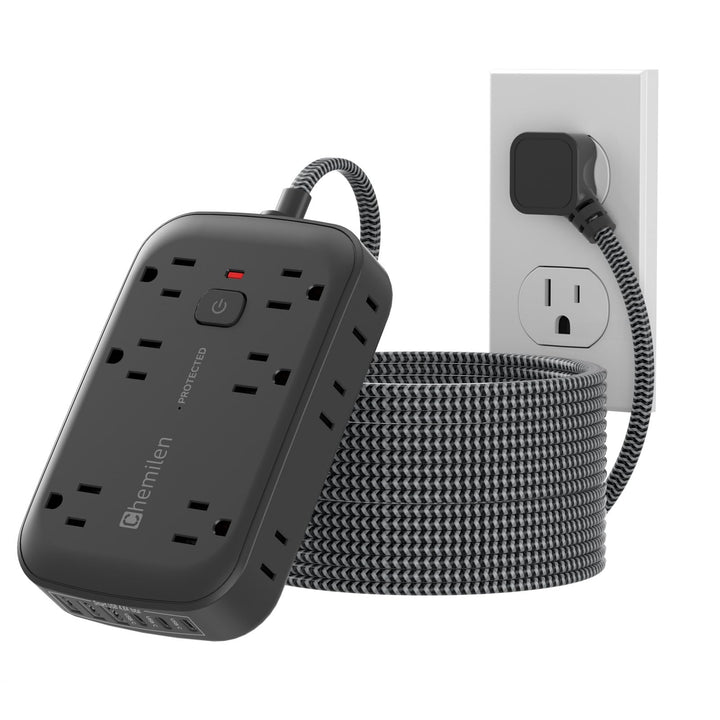 Chemilen front view showing 12 outlets and 6 USB ports with organized layout benefit