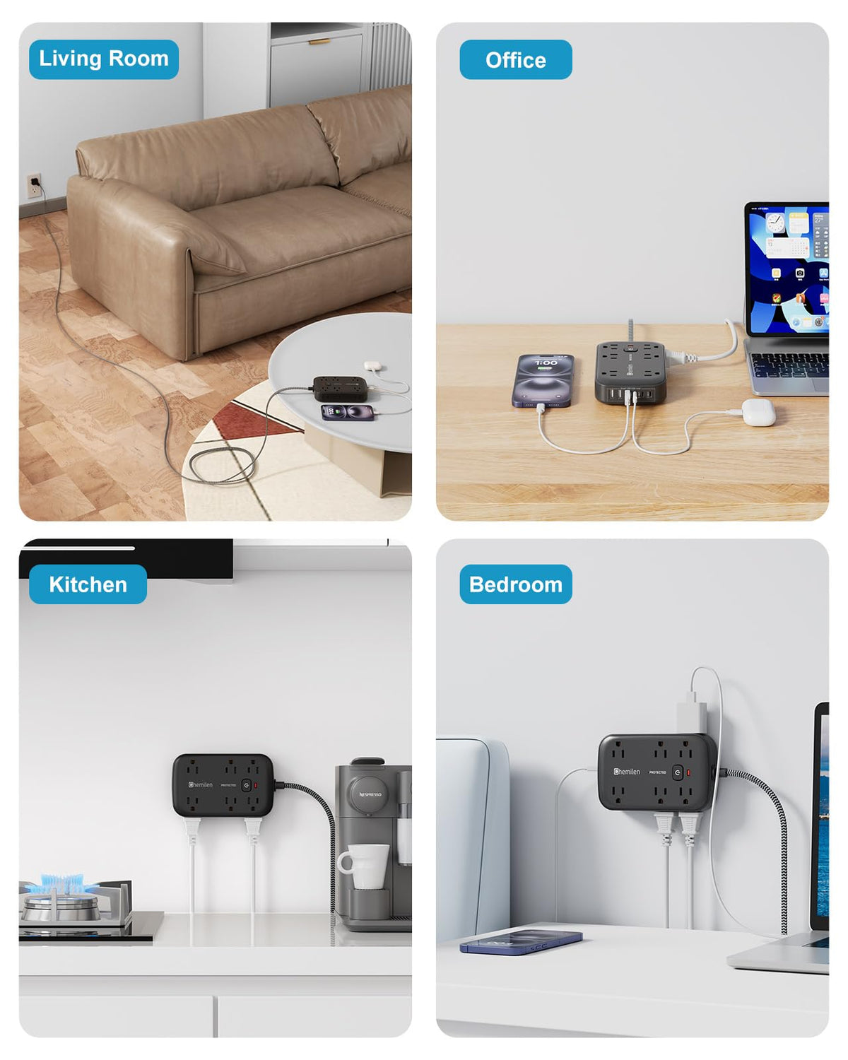 Chemilen in home office powering monitor, laptop, and phone for a clutter-free desk