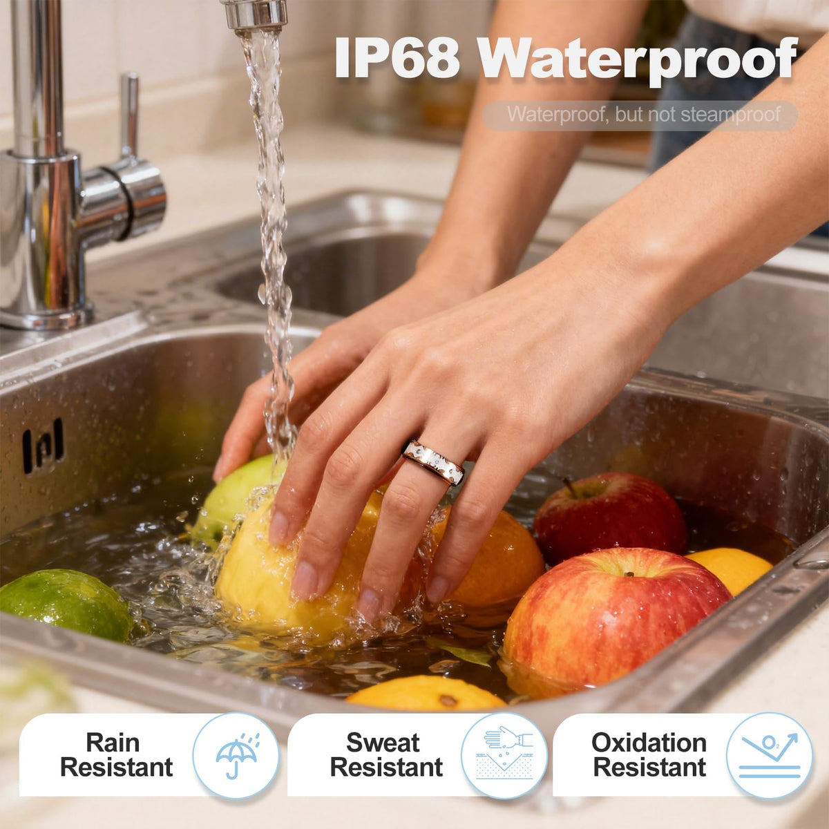 Chendssfkd ring submerged briefly to demonstrate IP68 water resistance