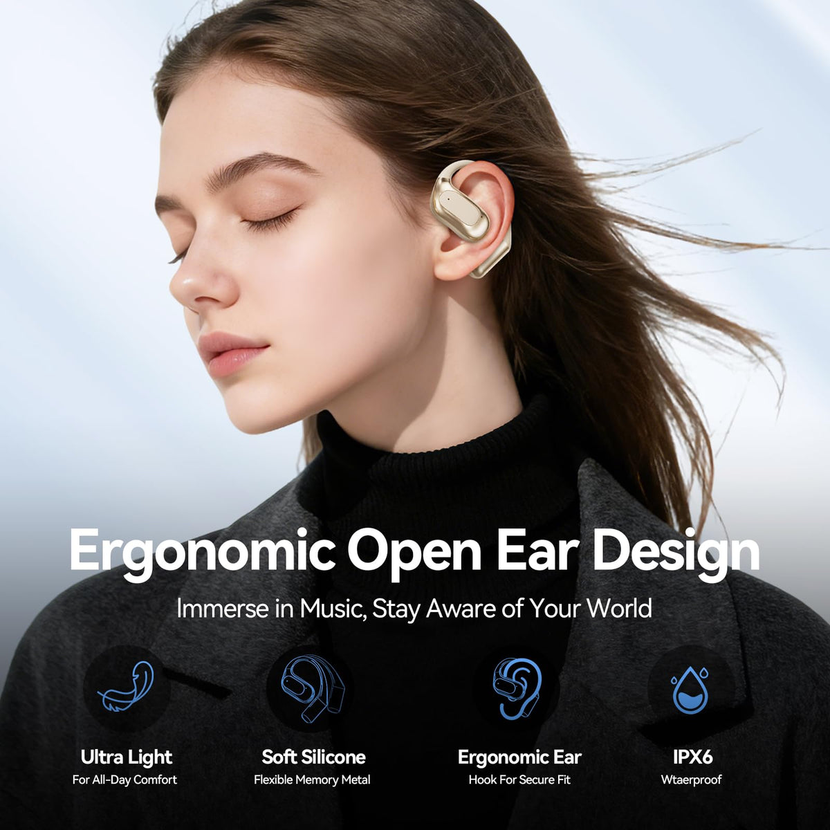 CHENRUIDA Open Ear Headphones with Bluetooth 5.4 for fast pairing and stable connection.