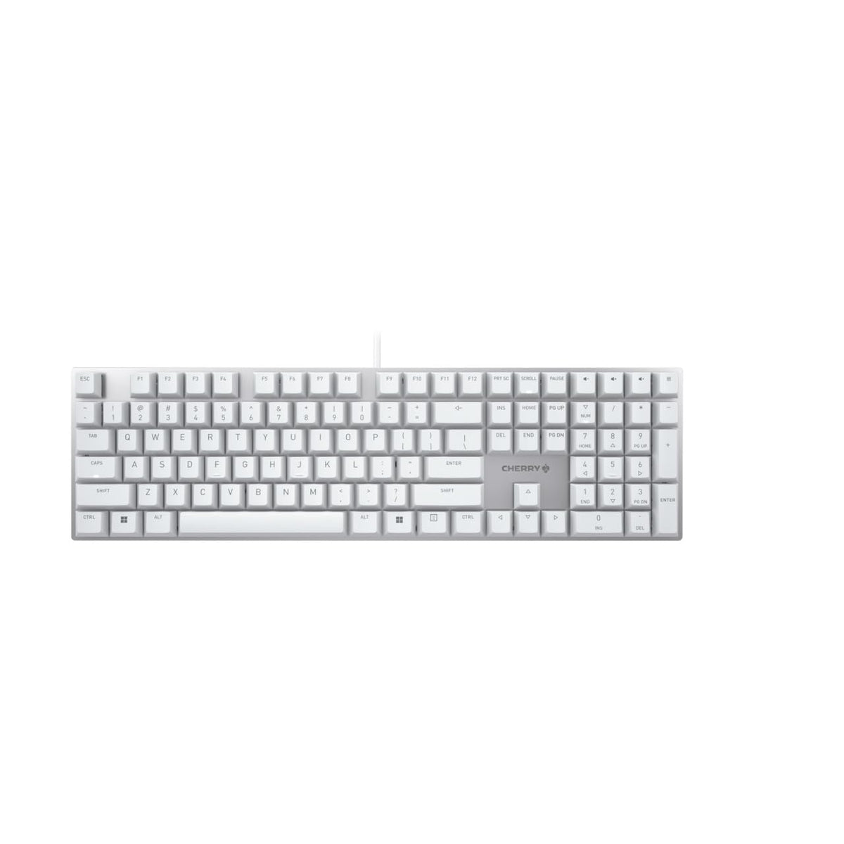 Cherry KC 200 MX front view showing white minimalist layout and compact function keys, clear office look