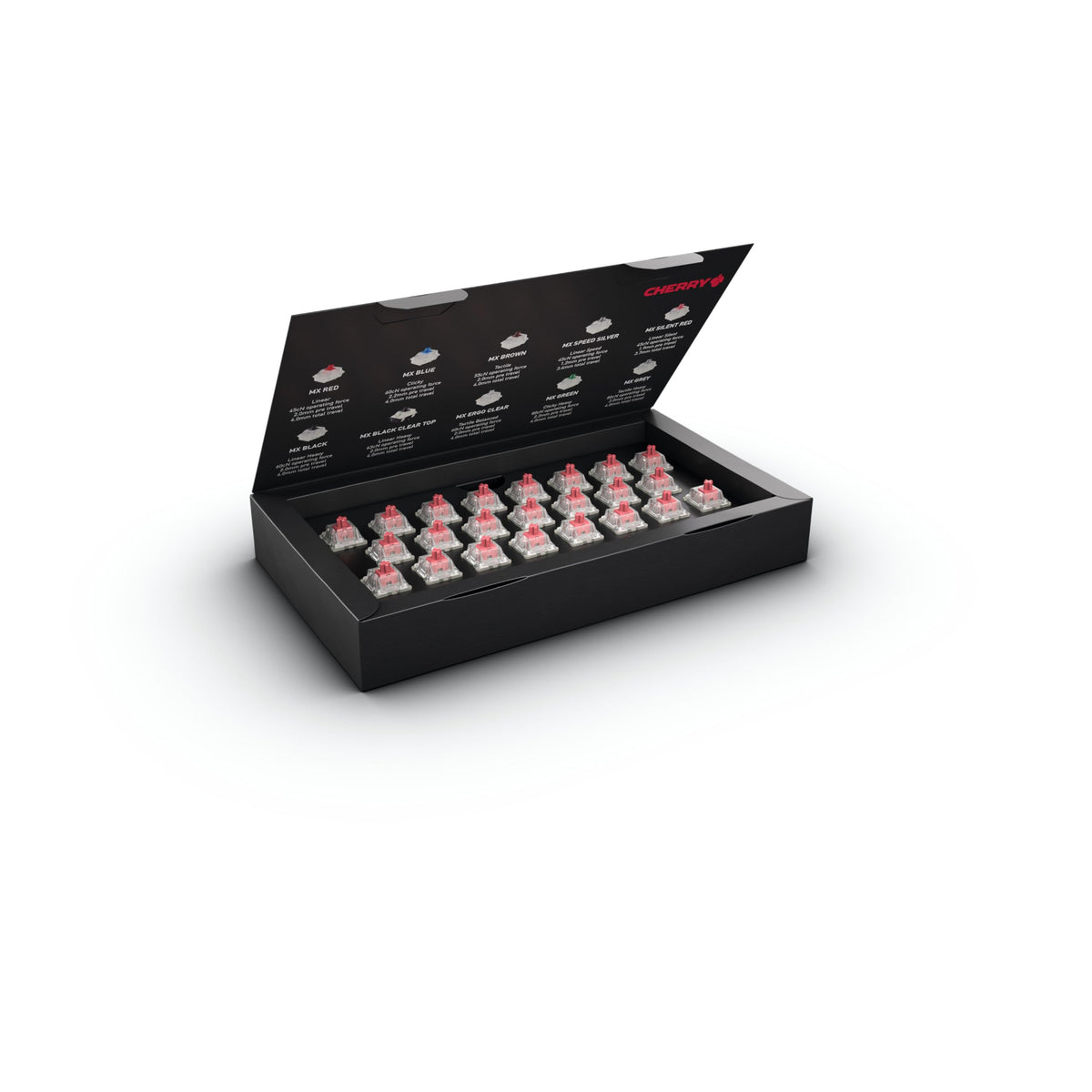 Cherry MX Red Silent front box showing 23 switches and branding for easy selection