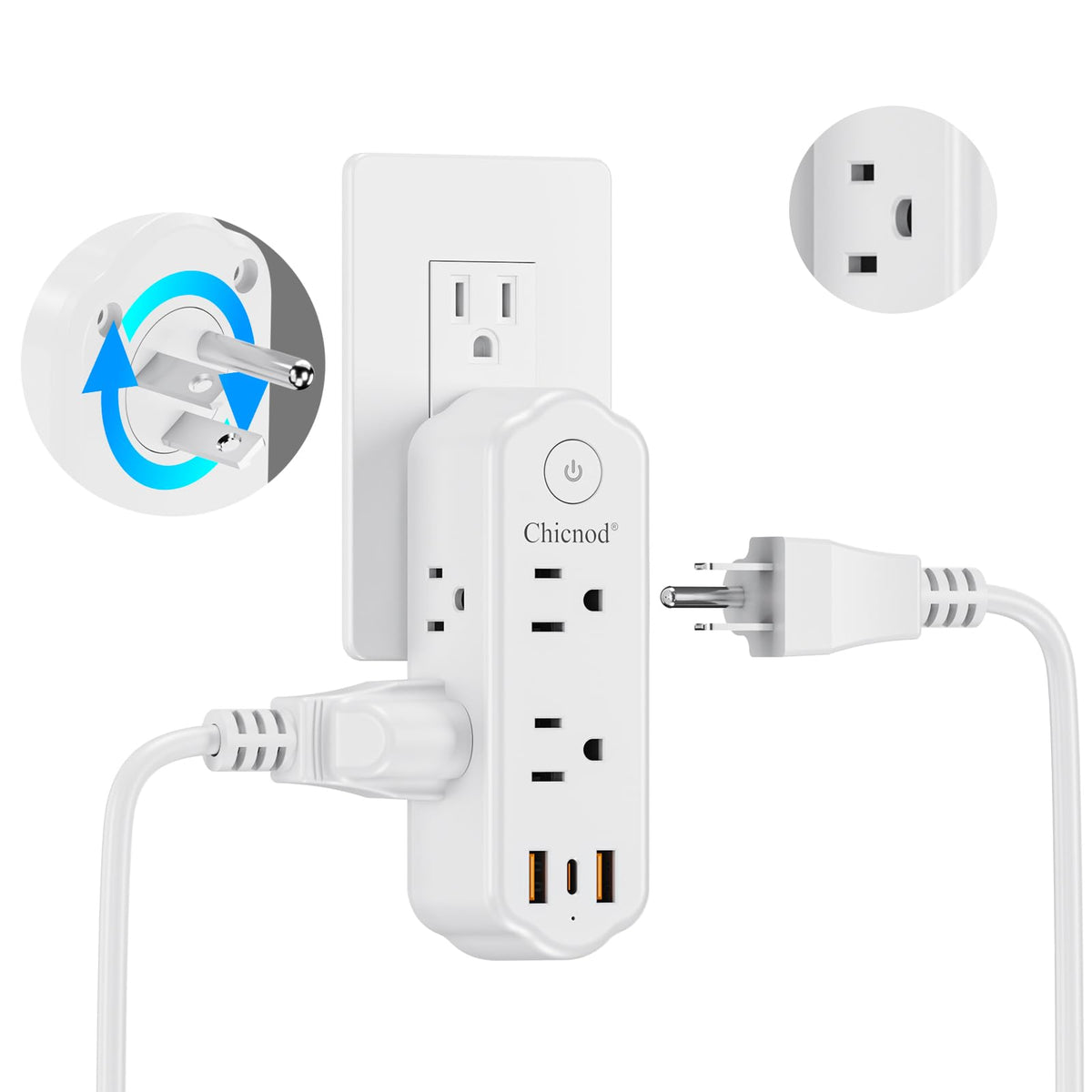 CHICNOD outlet extender 360° rotate view shows flexible access for clutter-free desks.
