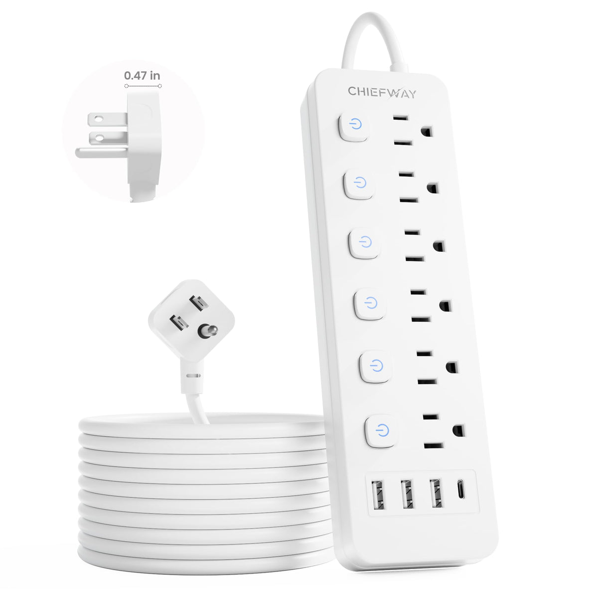 Chiefway 6ft power strip with six outlets and four USB ports for organized charging.