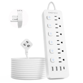 Chiefway 6ft power strip with six outlets and four USB ports for organized charging.