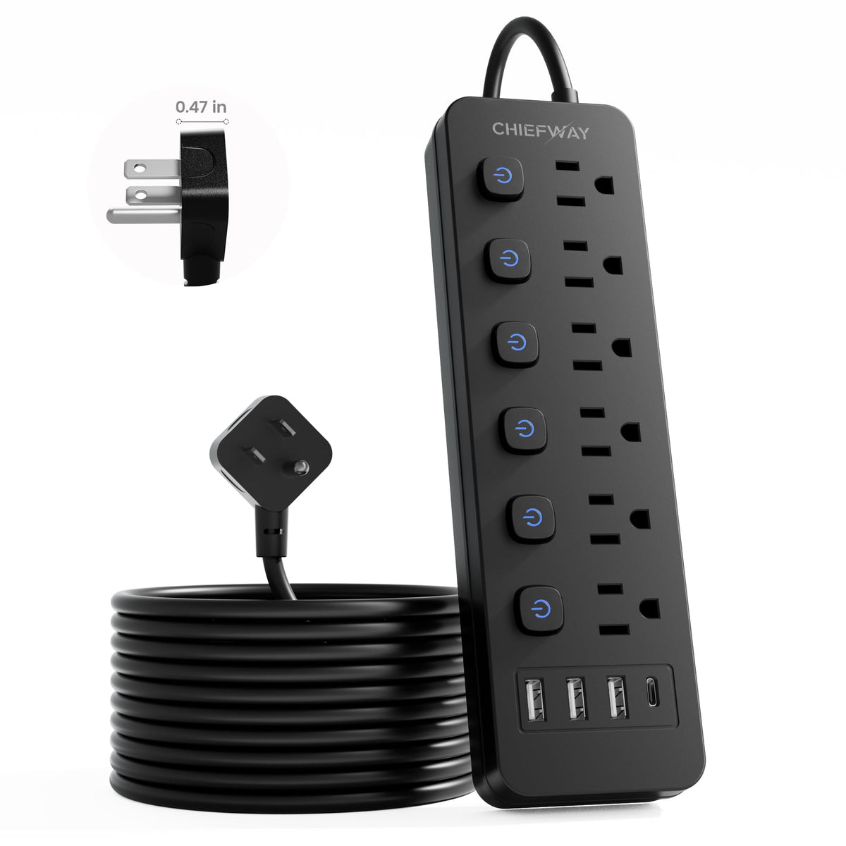 Chiefway 6ft power strip with six outlets for organized desk charging