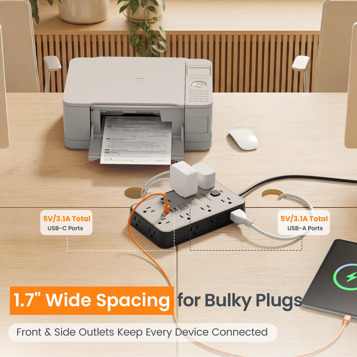 Chiefway close-up of widely spaced outlets preventing bulky plug interference