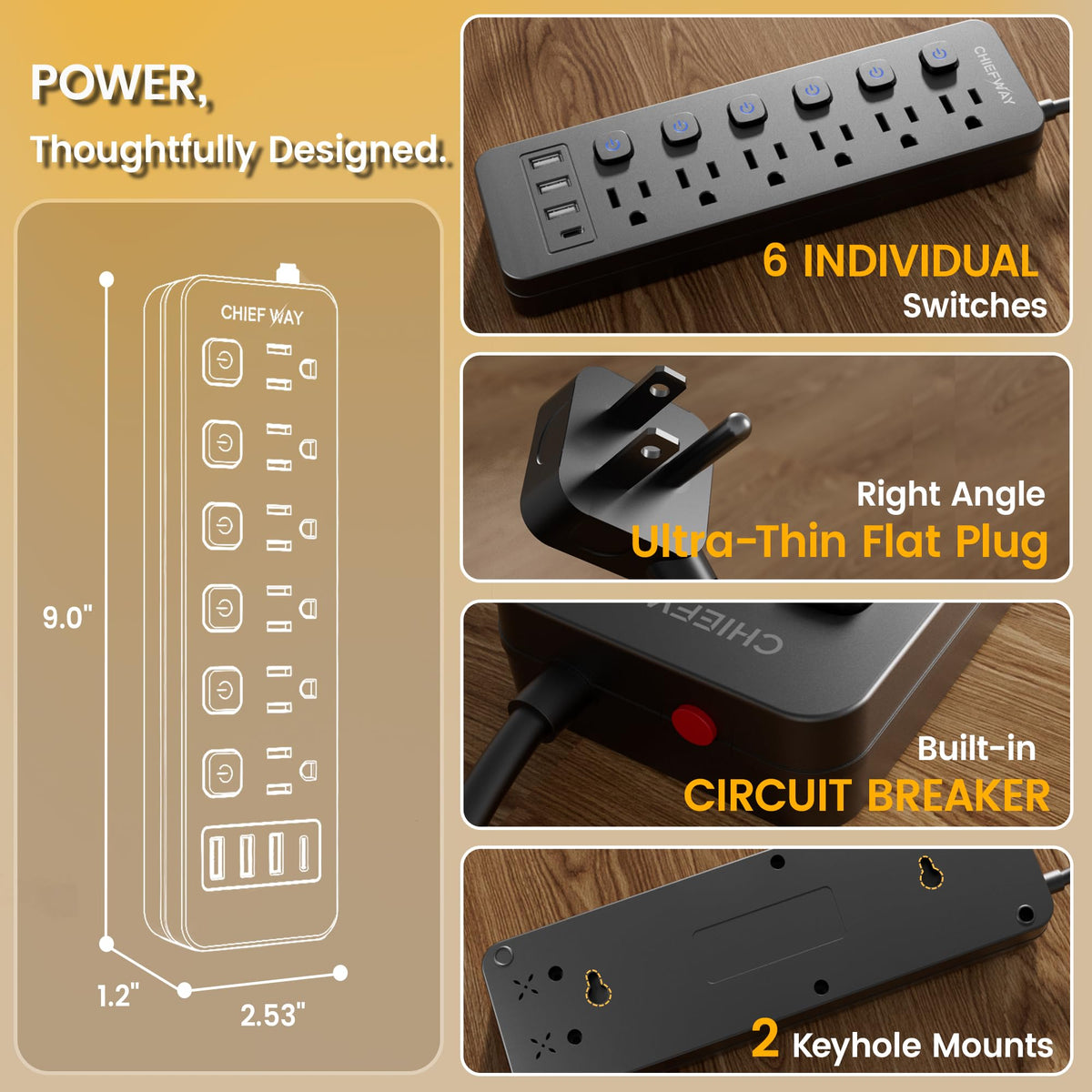 Chiefway cruise-friendly power strip suitable for cabin use without surge protection