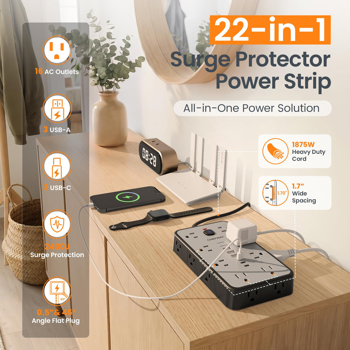 Chiefway flat plug and 6ft cord sitting flush behind furniture for space-saving