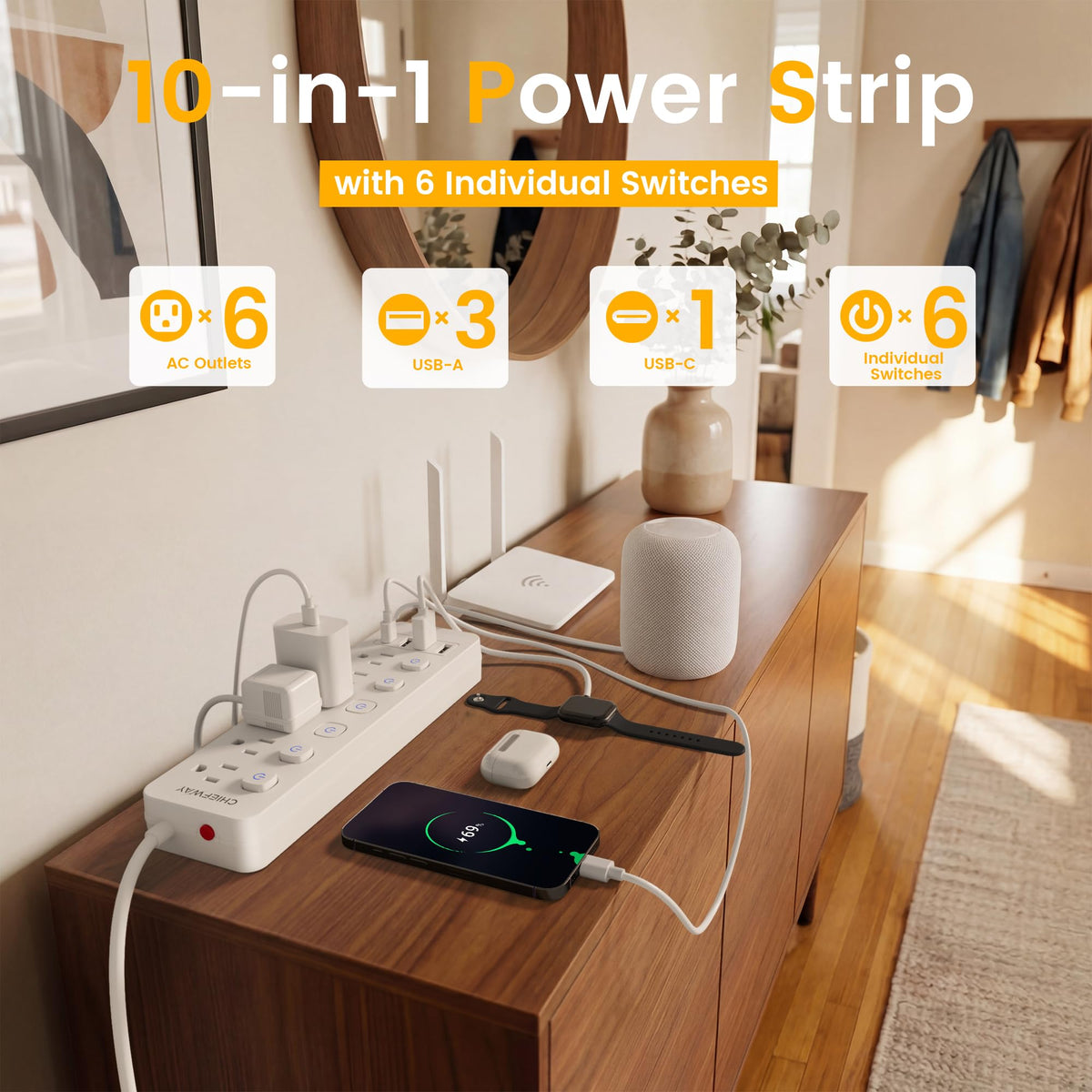Chiefway flat plug right-angle extension demonstrating unobtrusive placement behind furniture.