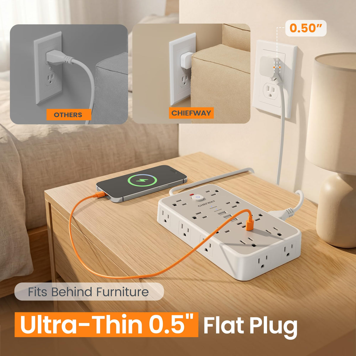 Chiefway power strip in a home office powering monitors and chargers