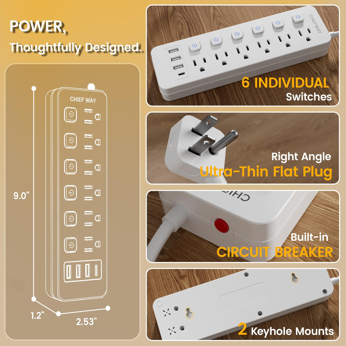 Chiefway safety features highlight overload protection and circuit breaker for daily use.