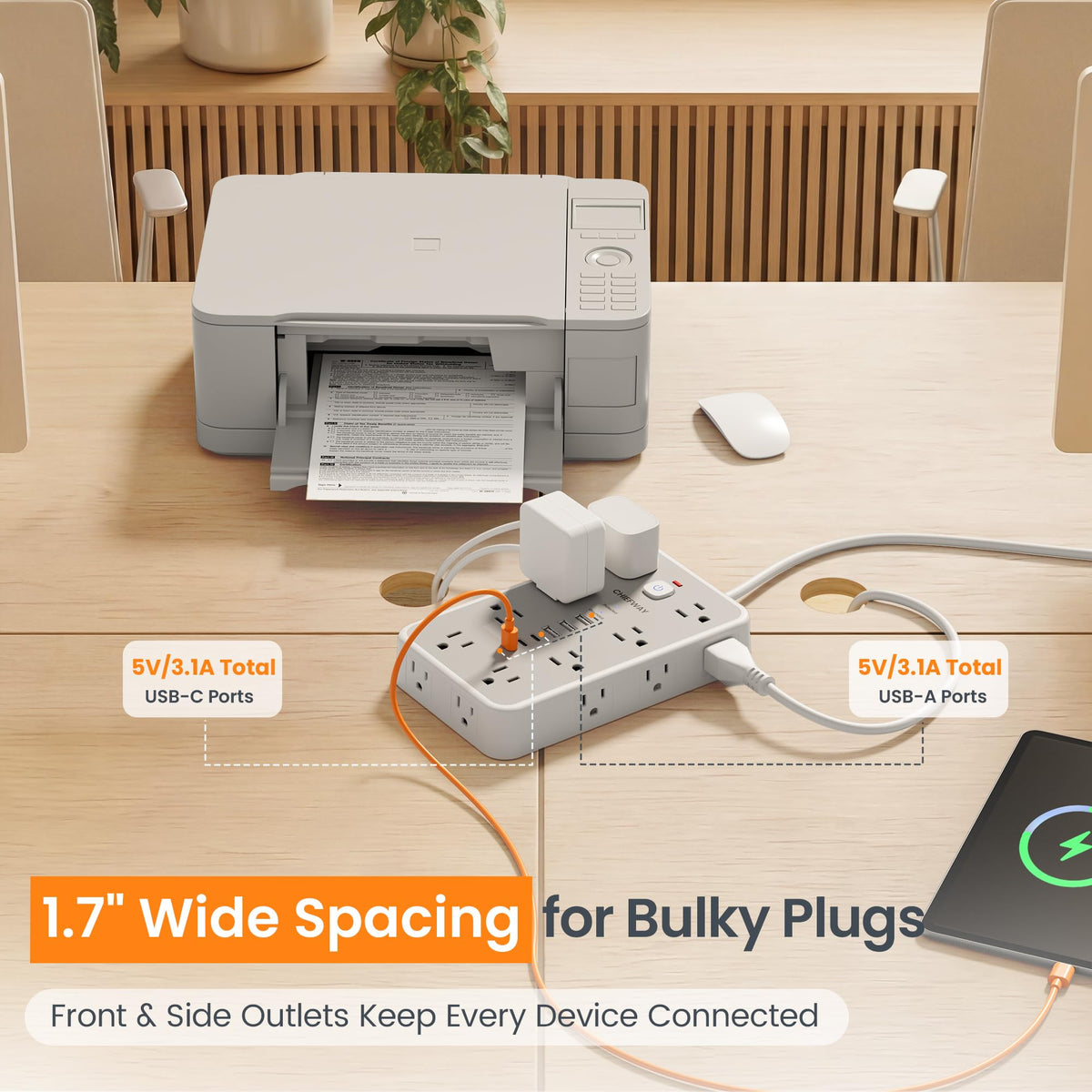 Chiefway side view with three USB-C and three USB-A ports for fast charging