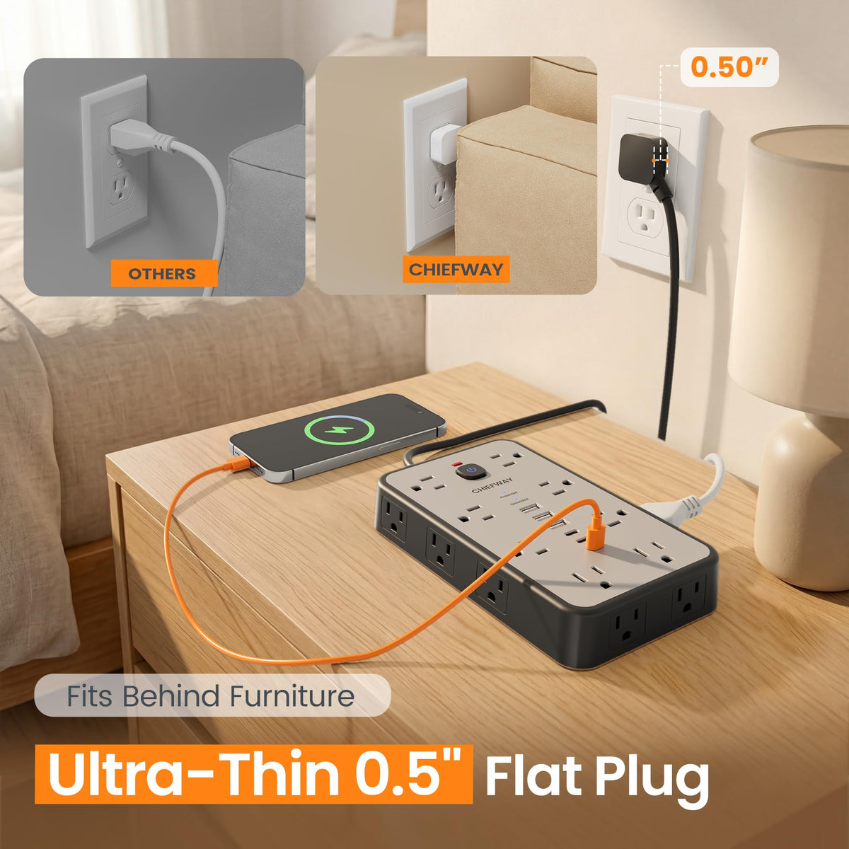 Chiefway power strip next to a hand showing compact footprint and scale