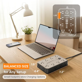 Chiefway power strip in a desk setup reducing cable clutter and organizing devices