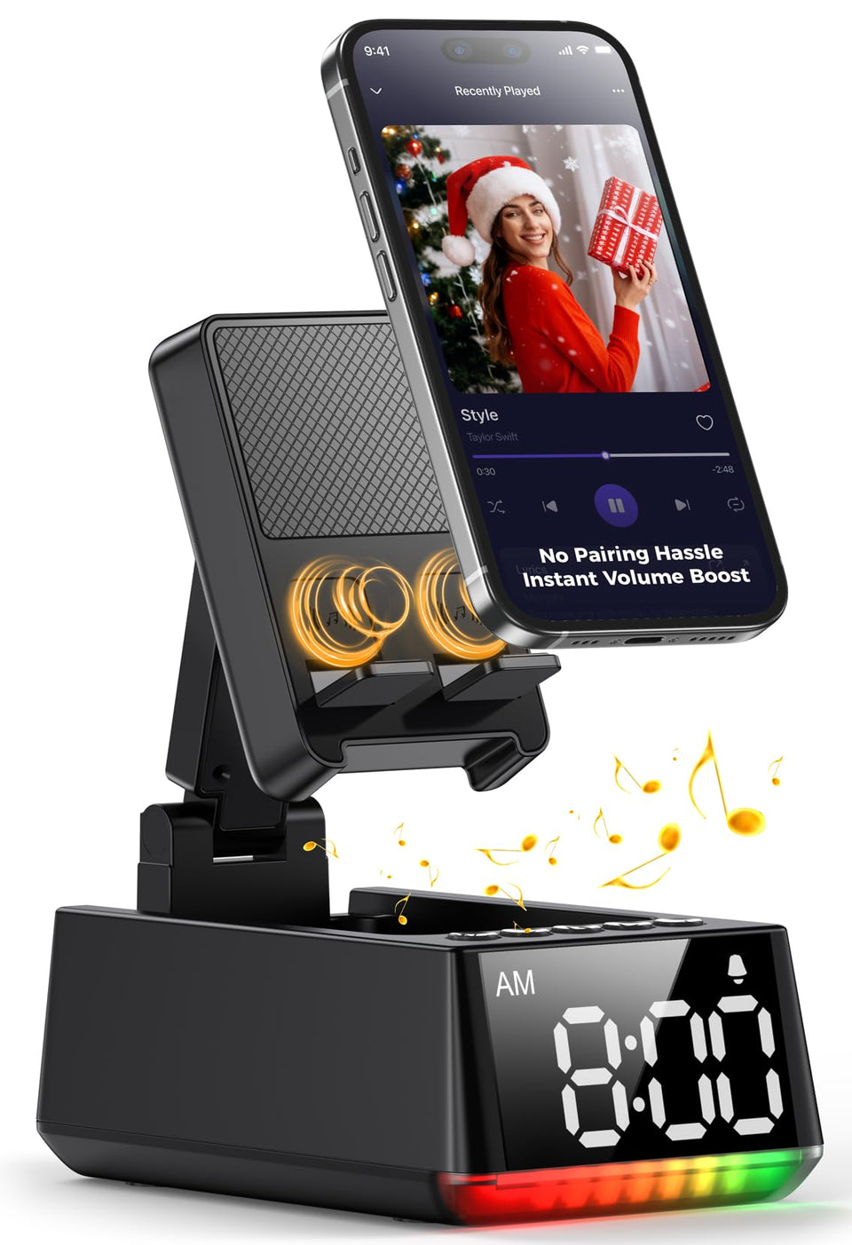 CHIFENCHY front view showing compact speaker and stand, boosts audio instantly