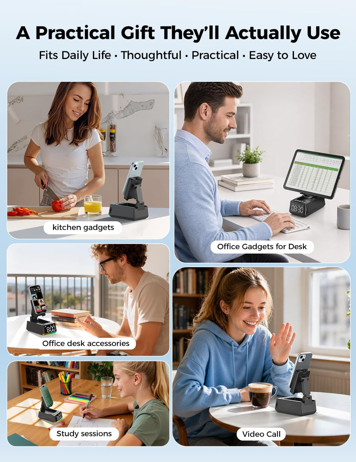 CHIFENCHY with phone on stand in use for hands-free video and clearer sound