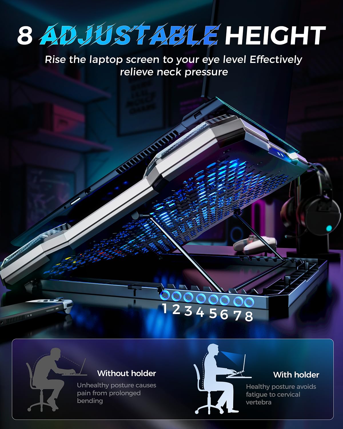 ChillCore A21 shown at one of eight height settings with laptop, improves viewing comfort