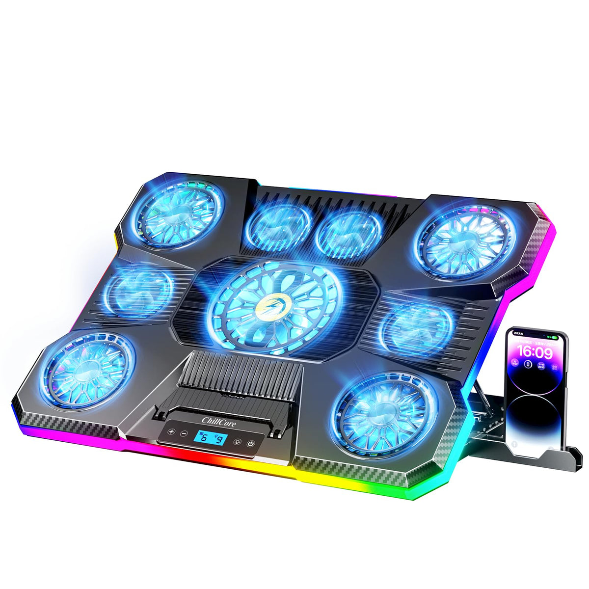 ChillCore A21 front view showing cooling pad and RGB lights, improves heat management