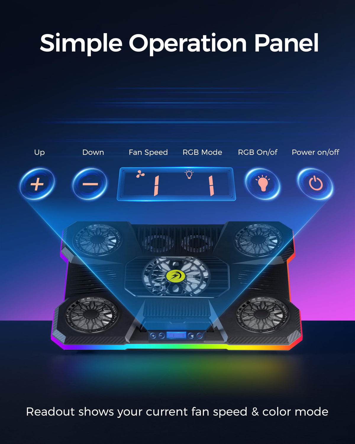 ChillCore A21 LCD control panel closeup, brand enables easy fan and light control