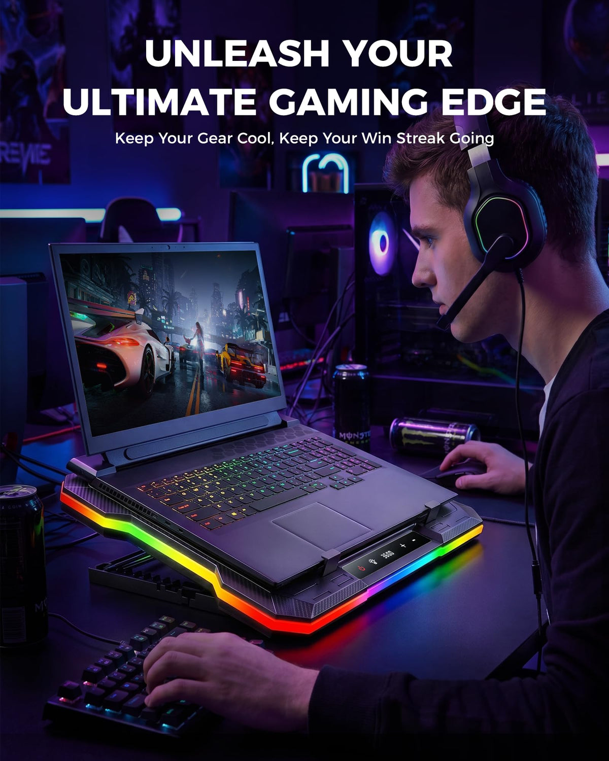 ChillCore K6 RGB holding a large laptop against stopper, secures device at angles