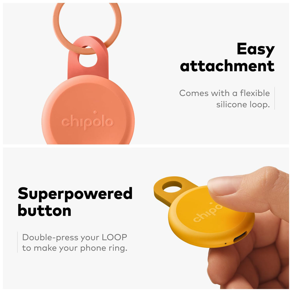 Chipolo LOOP clipped to backpack in travel setting for location peace of mind