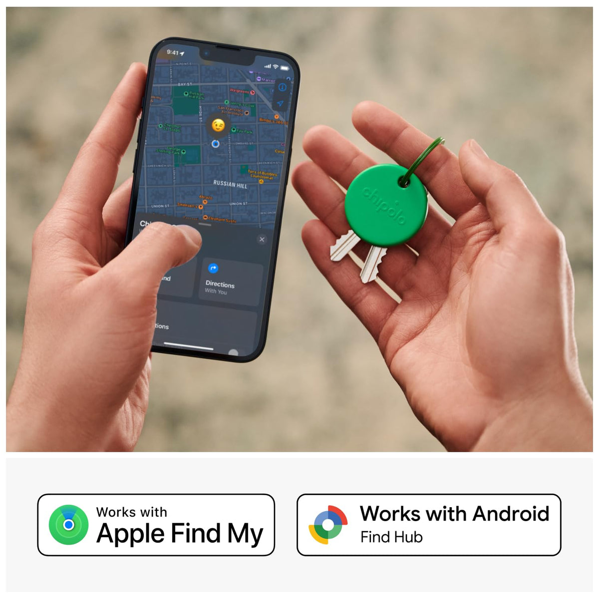 Chipolo POP attached to keyring with keys for quick everyday access benefit