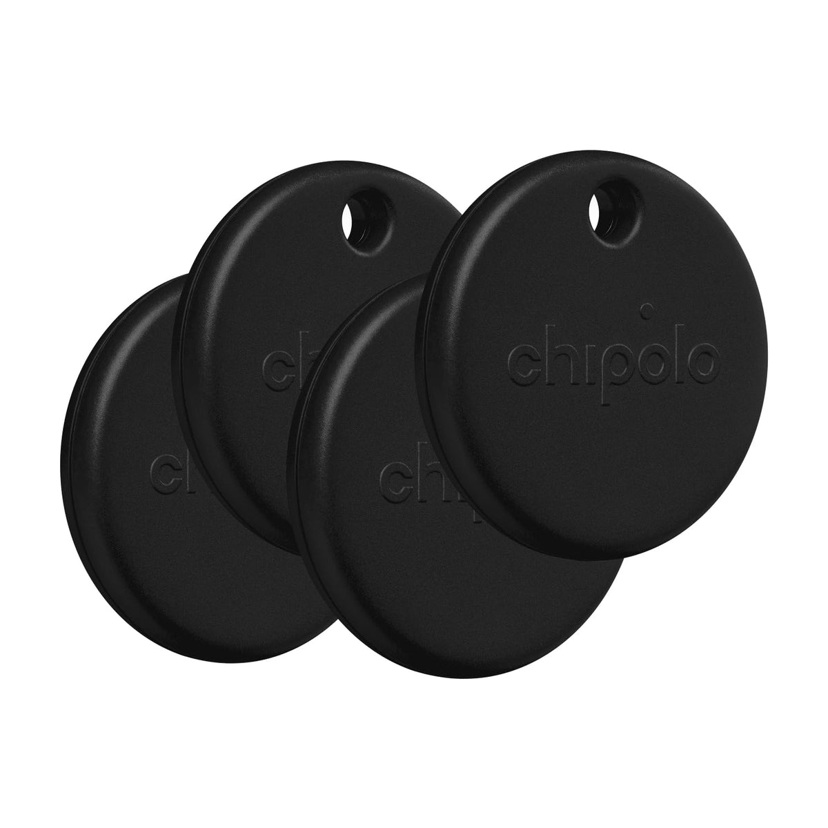 Chipolo POP Tracker Tag 4-pack black, front view, a bright keyfinder to attach to essentials.