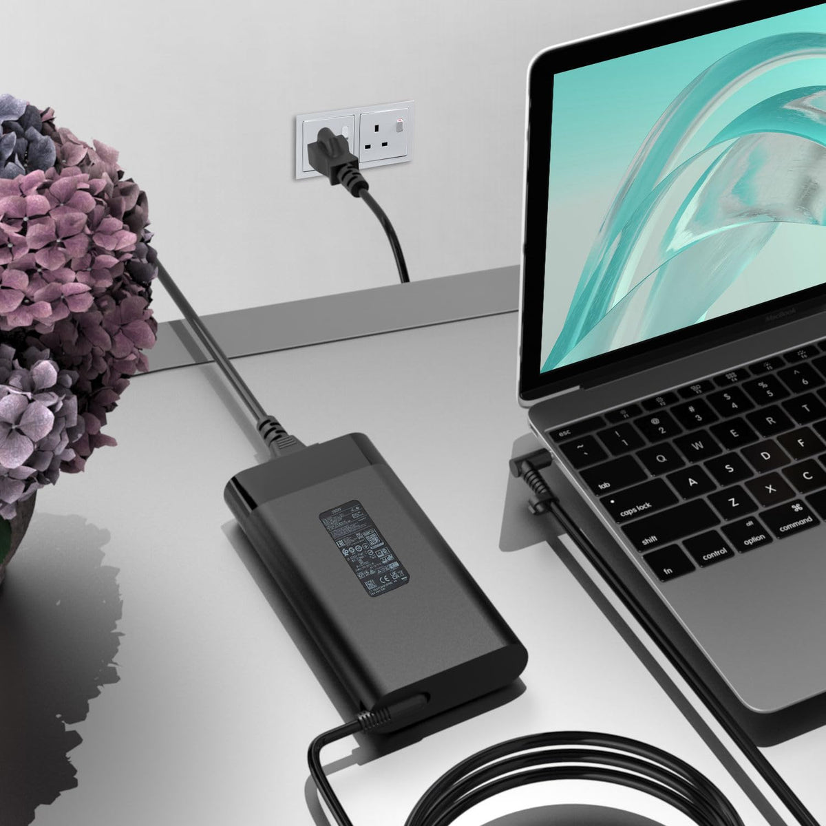 CHLOLMY 280W AC adapter in use with OMEN Laptop 16t-k000 on desk.