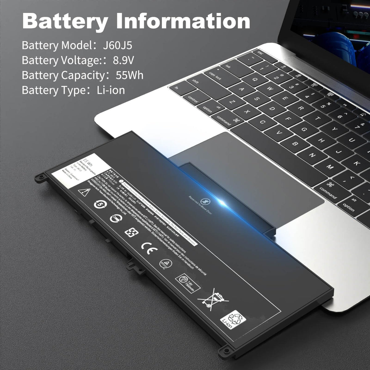 Choccosuri J60J5 packaging for Dell Latitude battery shows safe, complete kit