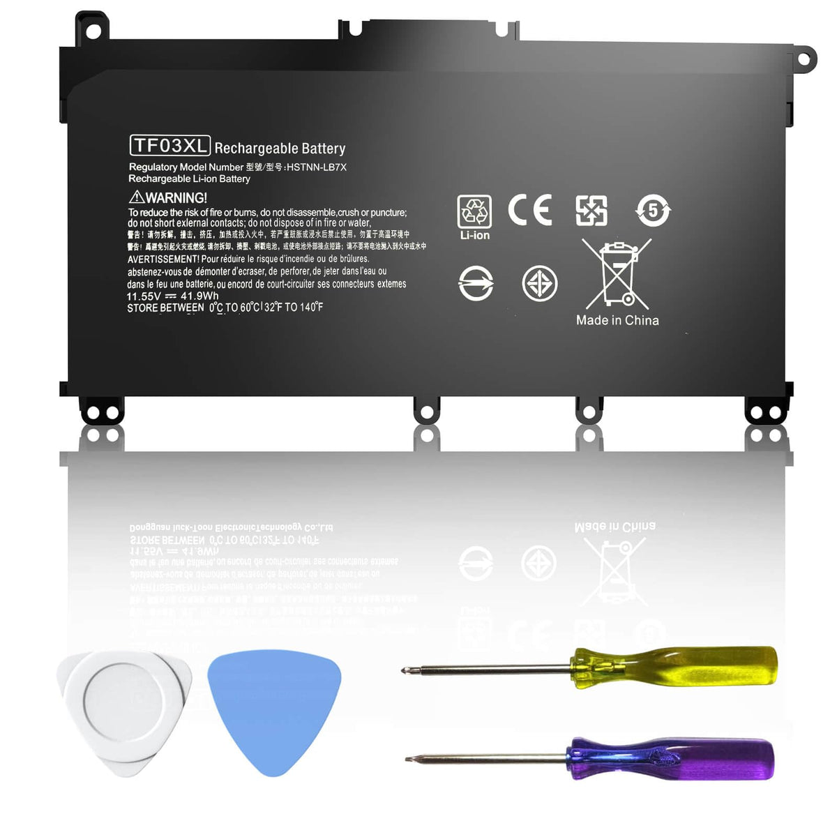 Choccosuri TF03XL battery close-up showing 41.9Wh capacity for extended HP Pavilion use