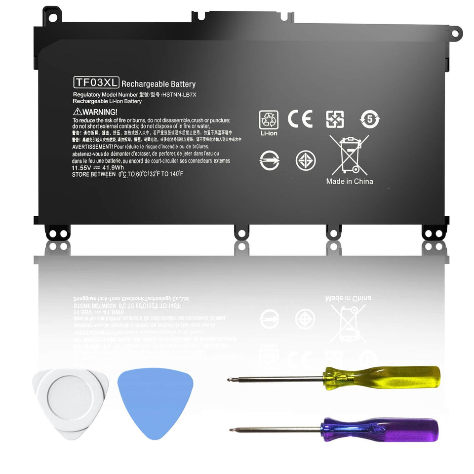 Choccosuri TF03XL battery close-up showing 41.9Wh capacity for extended HP Pavilion use