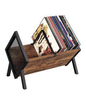 CHOEZON vinyl record holder front view shows organized display with rustic brown and black finish.