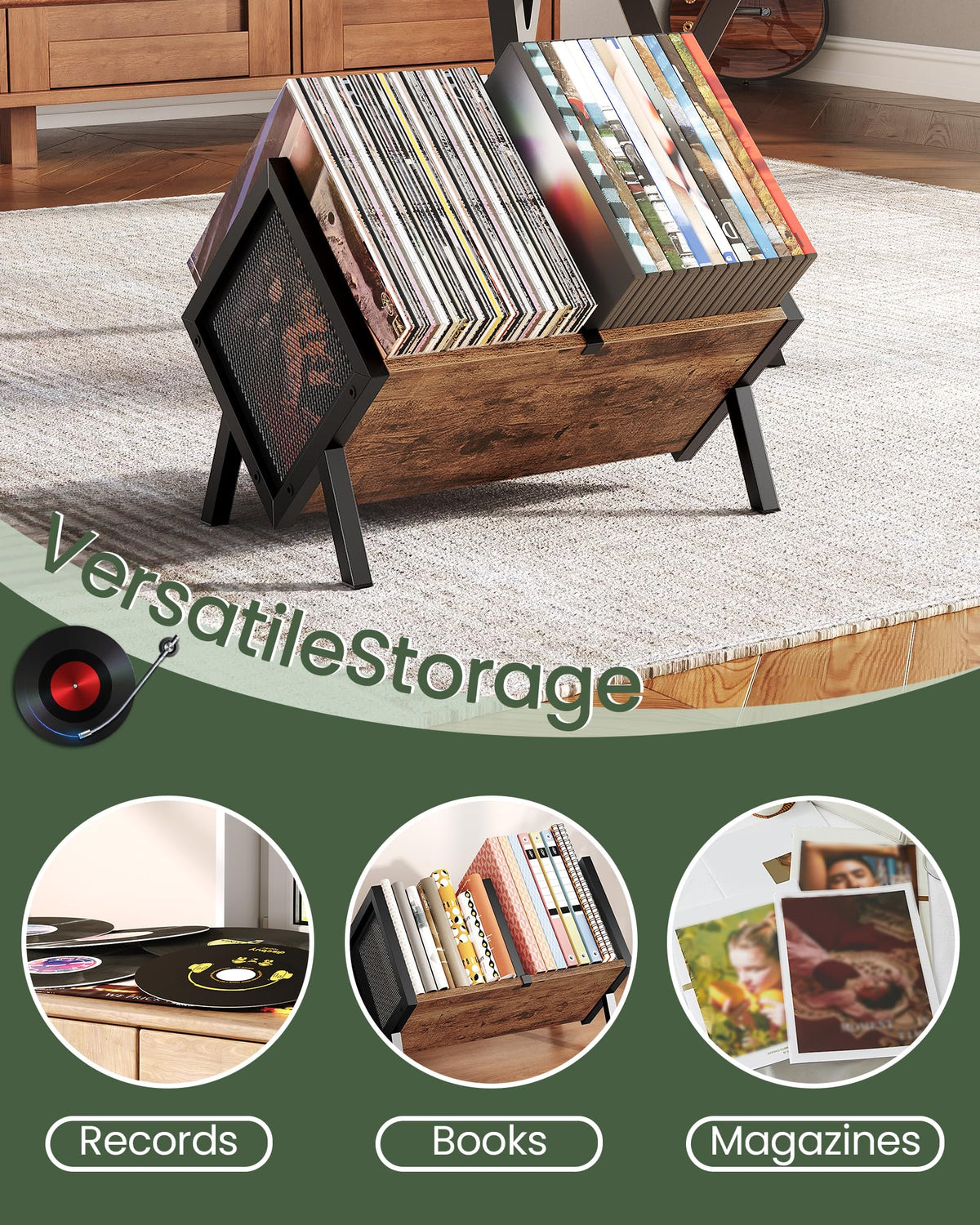 CHOEZON vinyl record holder side view highlights slim footprint for tight spaces.