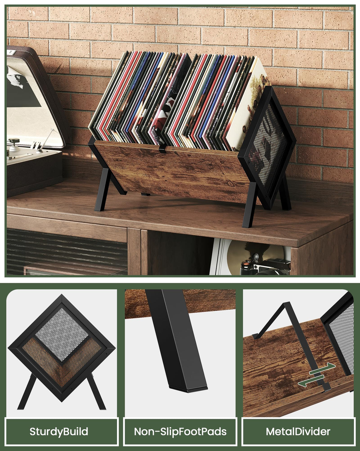 CHOEZON vinyl record holder storage capacity view emphasizes space for 80+ records.